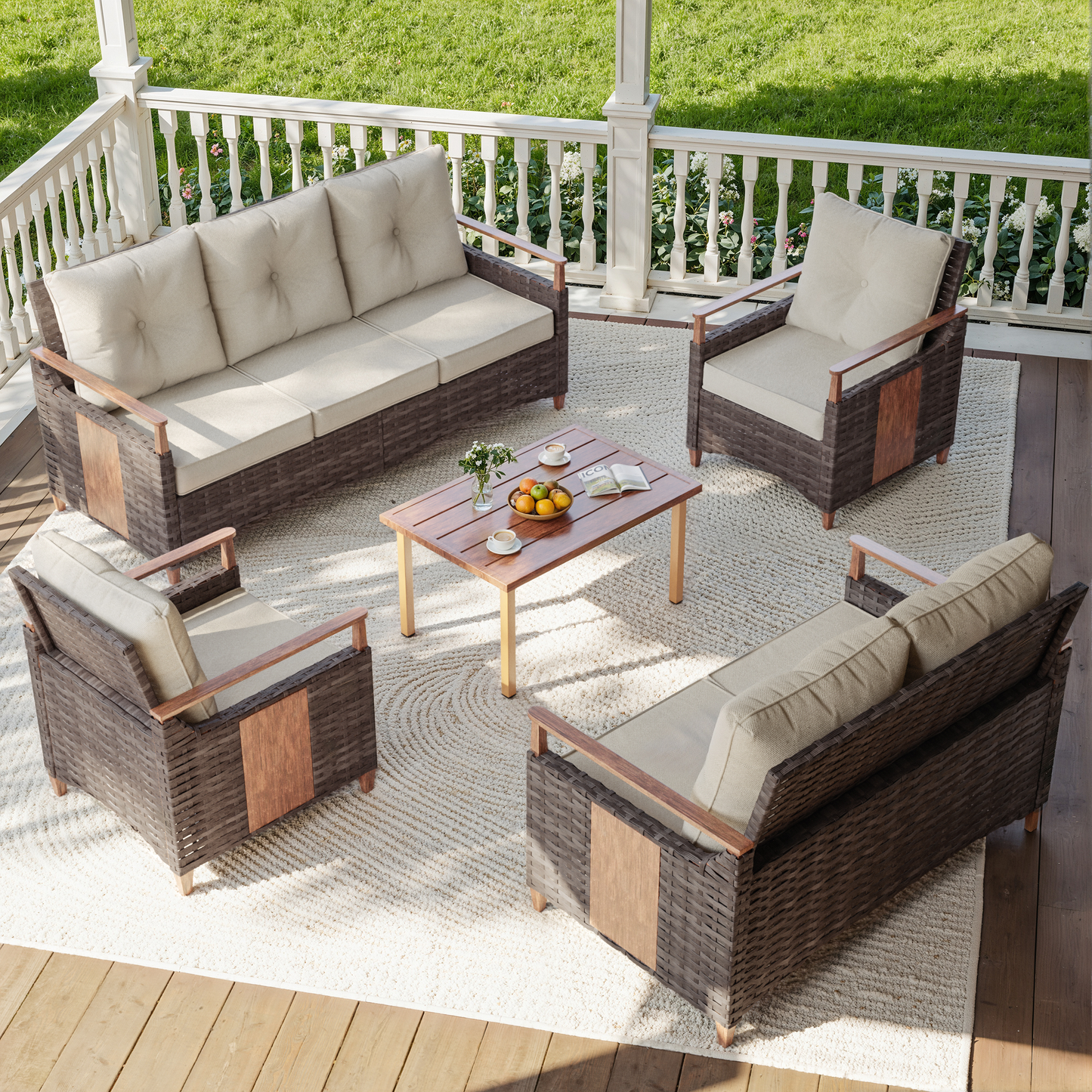 Melvarn 5-Piece Wicker Patio Conversation Sets Outdoor Seating Group with Cushions