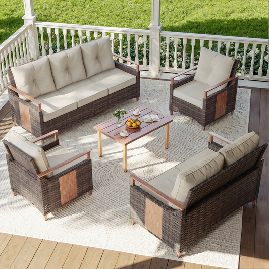 Melvarn 5-Piece Wicker Patio Conversation Sets Outdoor Seating Group with Cushions
