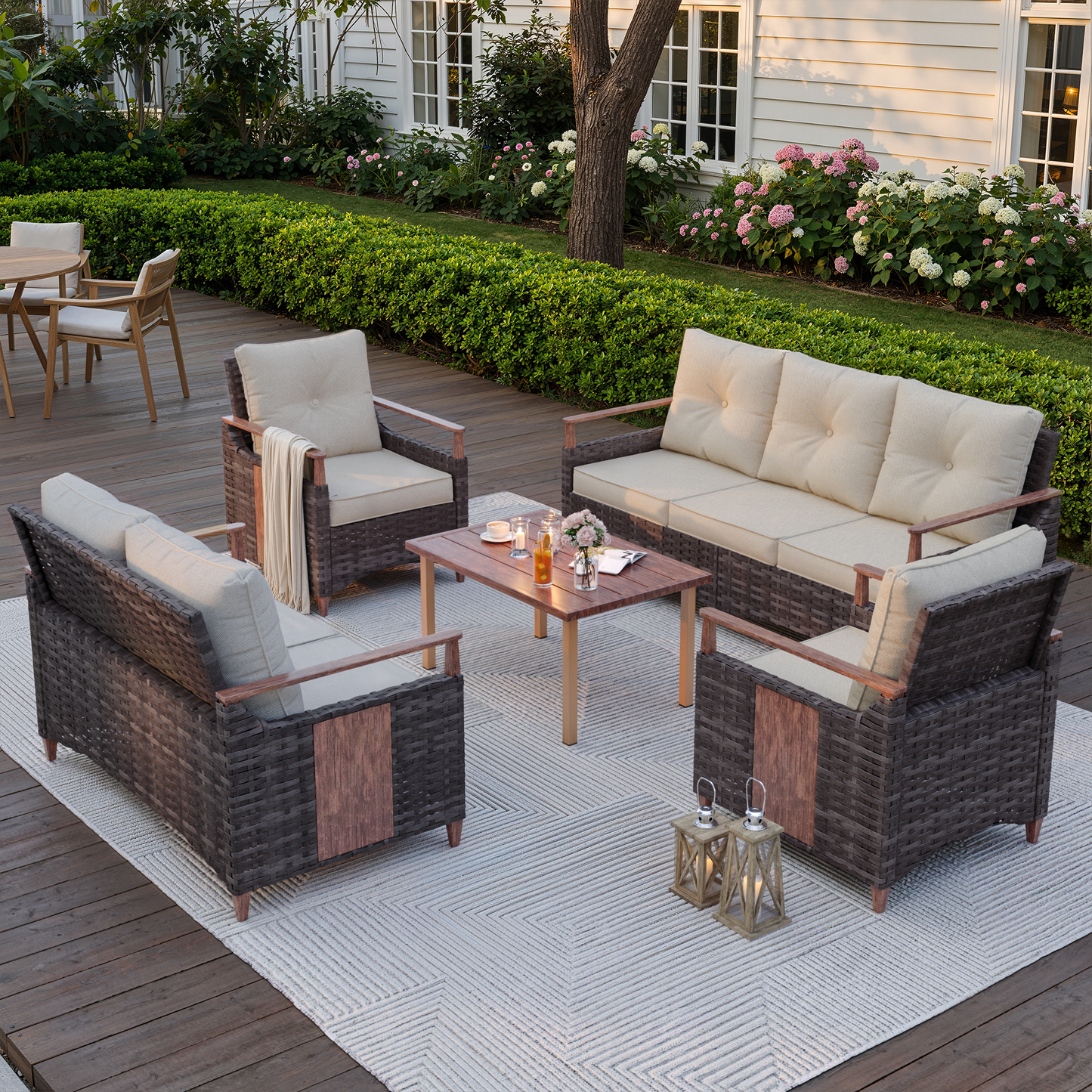 Melvarn 5-Piece Wicker Patio Conversation Sets Outdoor Seating Group with Cushions
