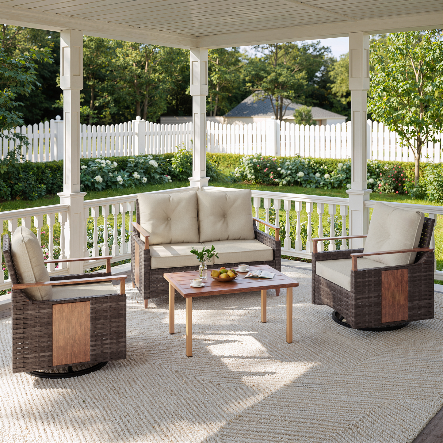Melvarn 4-Piece Outdoor Wicker Swivel Glider Patio Conversation Sets with Cushions