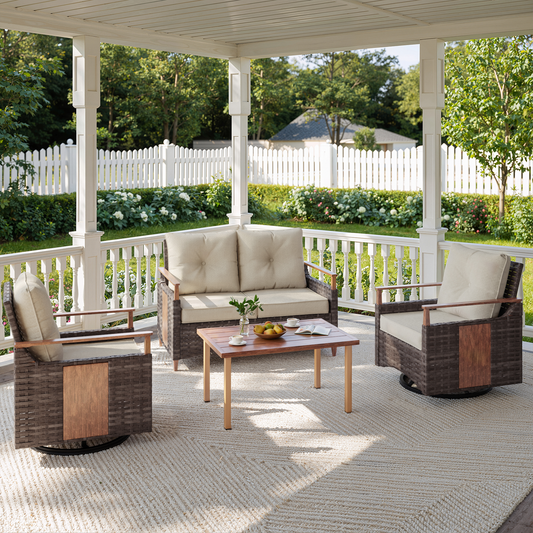 Melvarn 4-Piece Outdoor Wicker Swivel Glider Patio Conversation Sets with Cushions