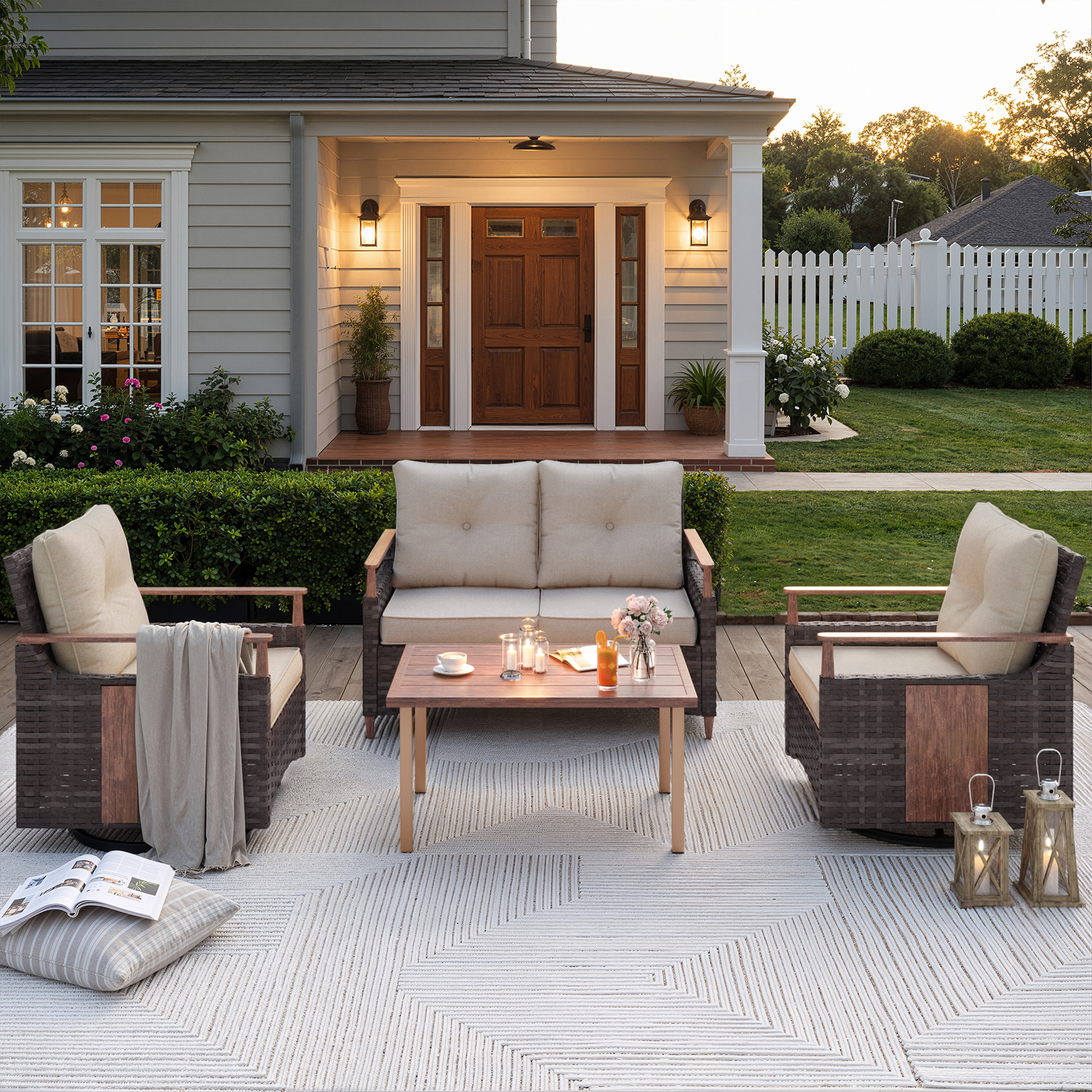 Melvarn 4-Piece Outdoor Wicker Swivel Glider Patio Conversation Sets with Cushions