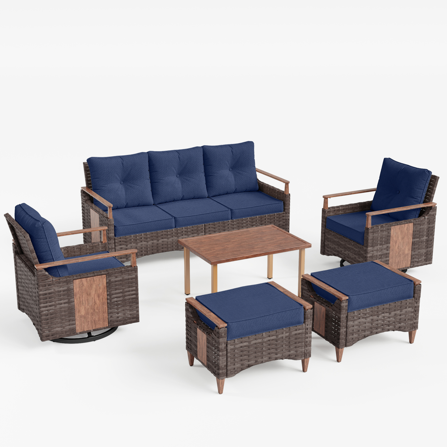 Melvarn 6-Piece Outdoor Wicker Swivel Glider Patio Conversation Sets with Cushions