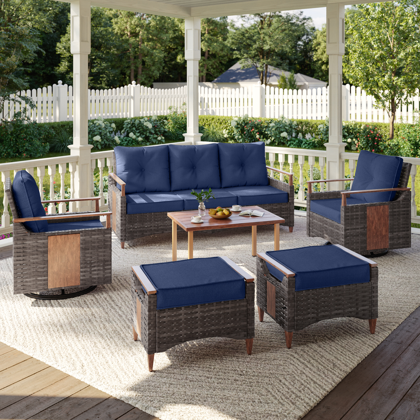 Melvarn 6-Piece Outdoor Wicker Swivel Glider Patio Conversation Sets with Cushions
