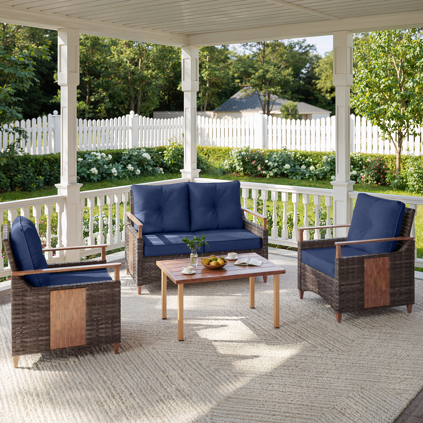 Melvarn 4-Piece Wicker Patio Conversation Sets Outdoor Seating Group with Cushions