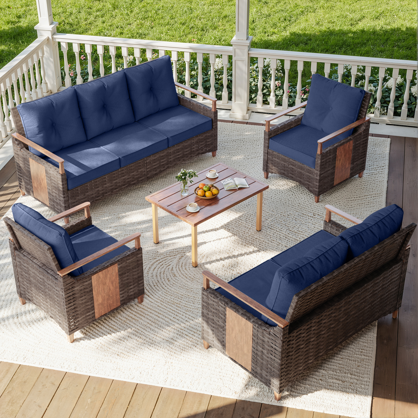 Melvarn 5-Piece Wicker Patio Conversation Sets Outdoor Seating Group with Cushions