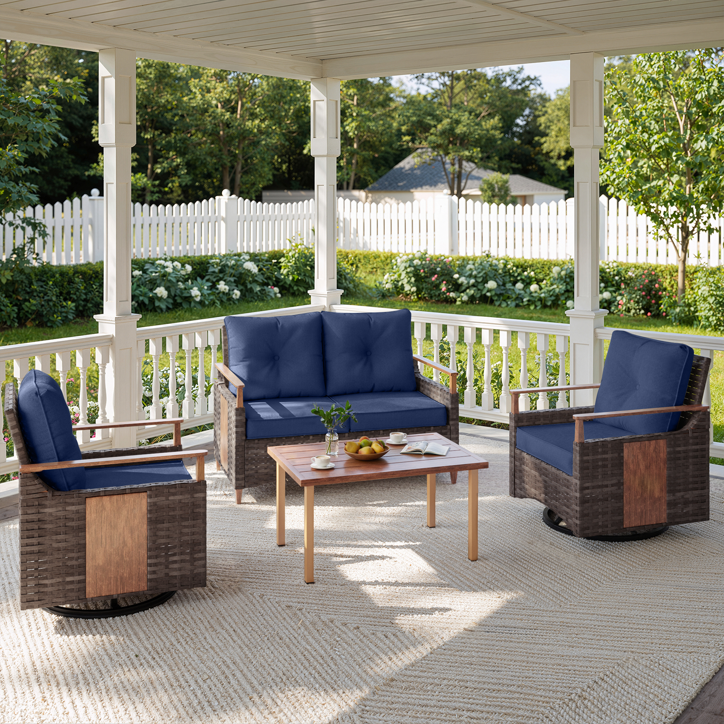 Melvarn 4-Piece Outdoor Wicker Swivel Glider Patio Conversation Sets with Cushions
