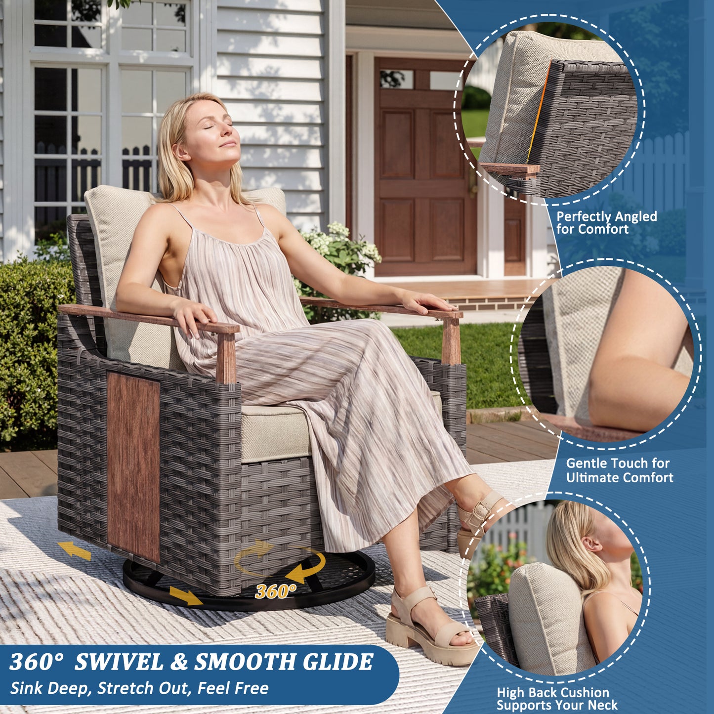 Melvarn 3-Piece Outdoor Wicker Swivel Glider Patio Conversation Sets with Cushions