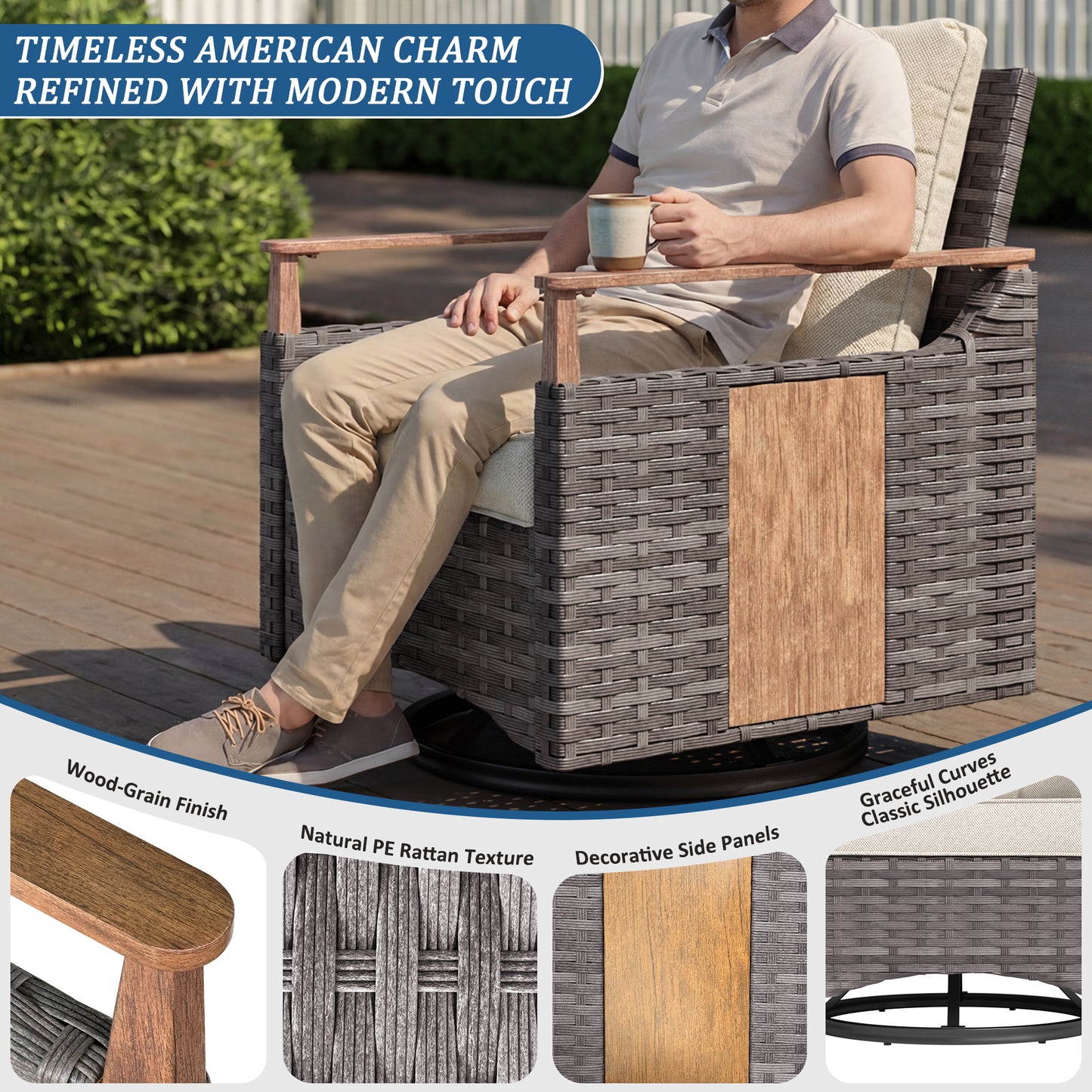 Melvarn 3-Piece Outdoor Wicker Swivel Glider Patio Conversation Sets with Cushions