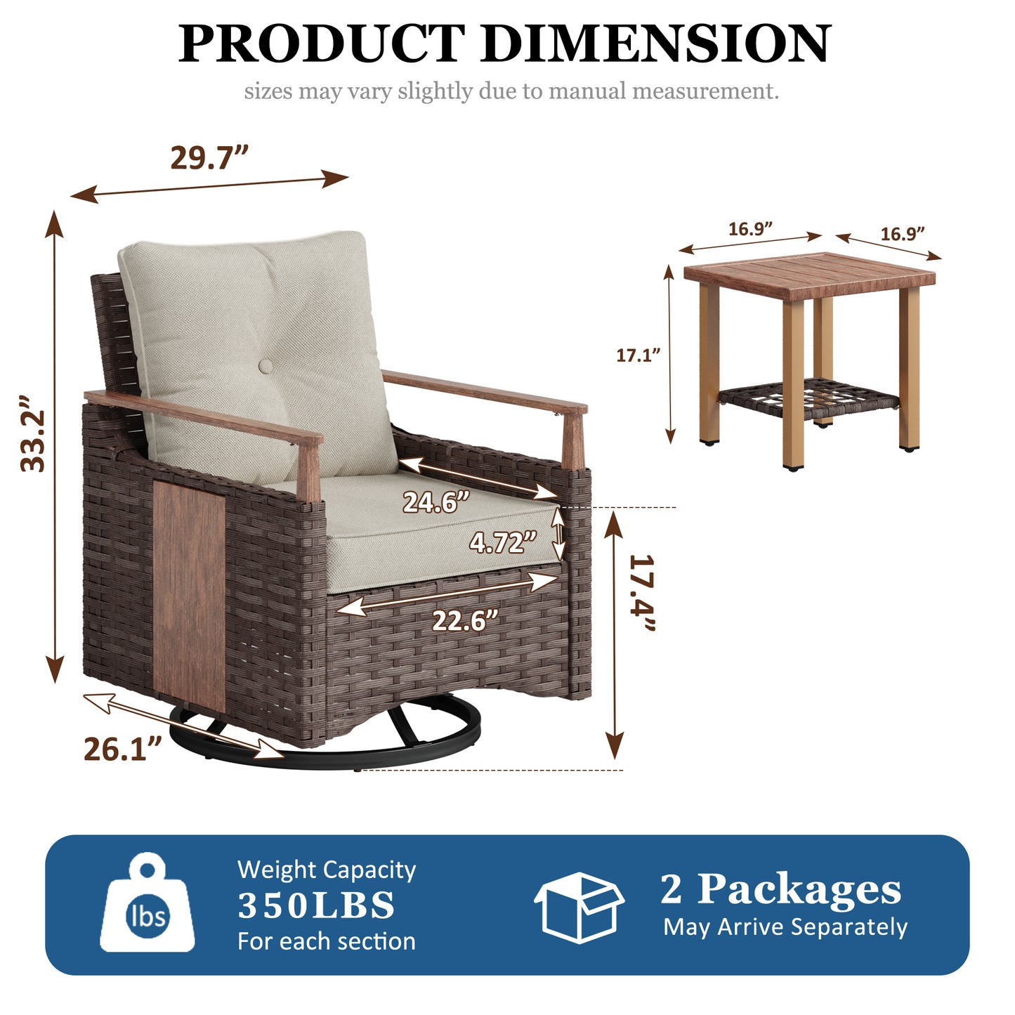 Melvarn 3-Piece Outdoor Wicker Swivel Glider Patio Conversation Sets with Cushions