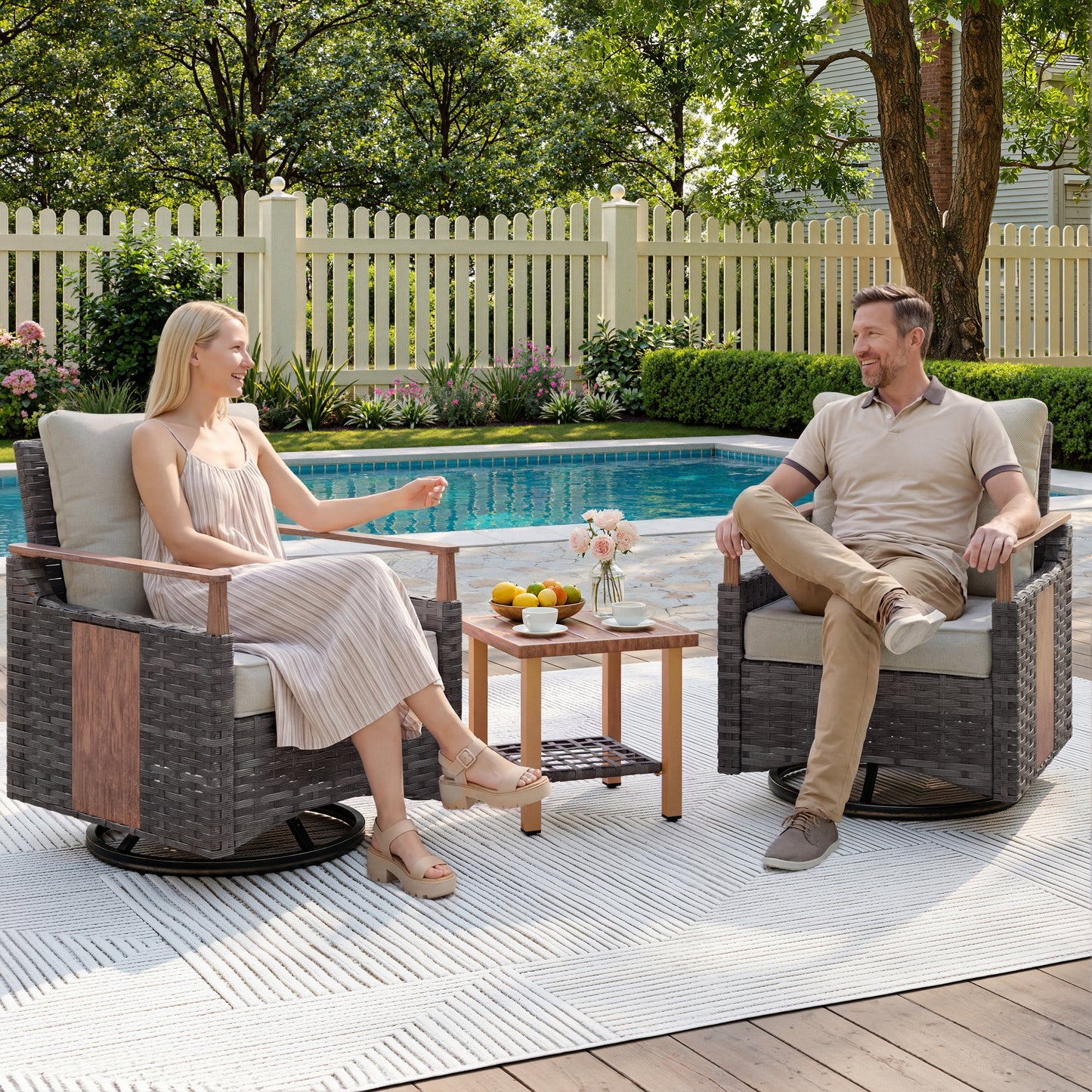 Melvarn 3-Piece Outdoor Wicker Swivel Glider Patio Conversation Sets with Cushions