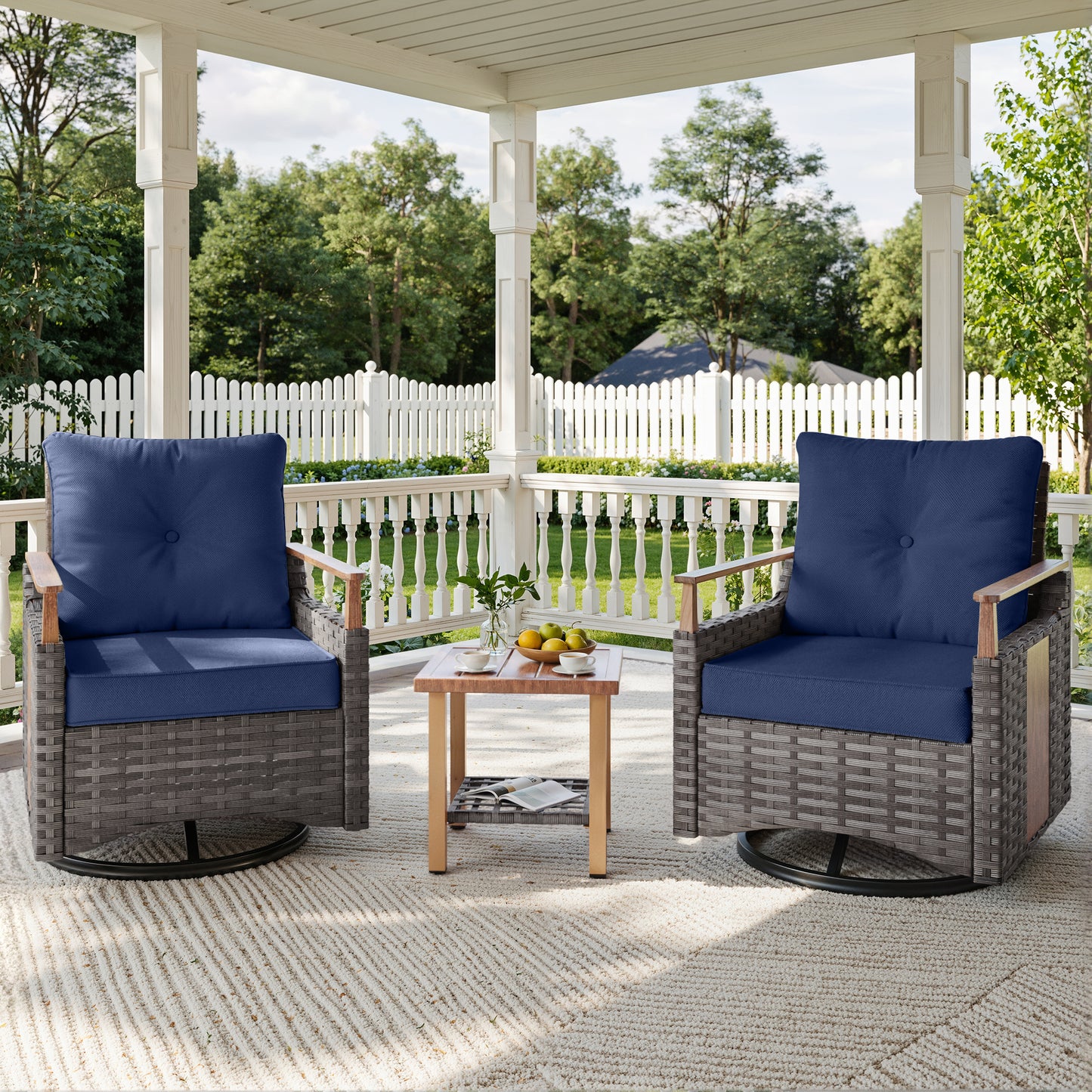 Melvarn 3-Piece Outdoor Wicker Swivel Glider Patio Conversation Sets with Cushions