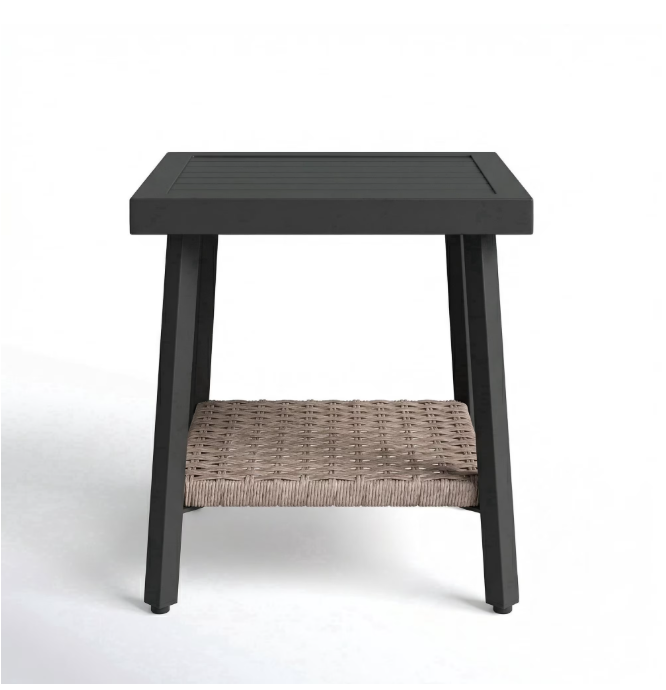 NestNook Outdoor Side Table with Storage Shelf, Aluminum Patio Side Table with Wicker Bottom Shelf for Balcony, Garden, Deck, Black