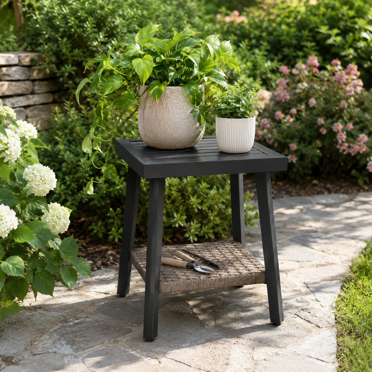 NestNook Outdoor Side Table with Storage Shelf, Aluminum Patio Side Table with Wicker Bottom Shelf for Balcony, Garden, Deck, Black